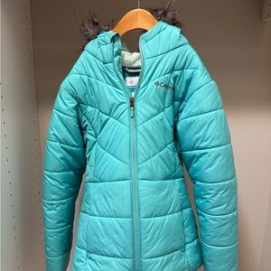 Columbia Kids Teal Quilted Jacket with Faux Fur Hood, Size Medium 10/12